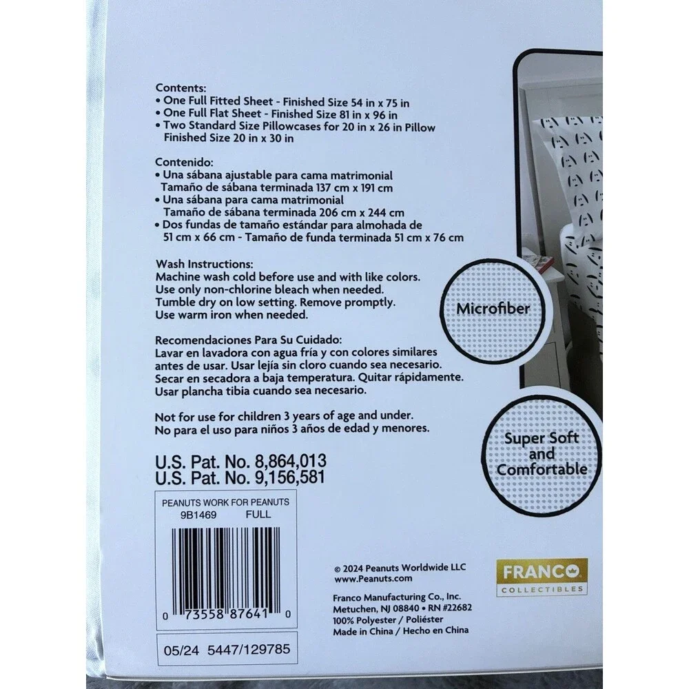 Peanuts Full Sheet Set Snoopy White Black Microfiber Bedding 4 Piece New